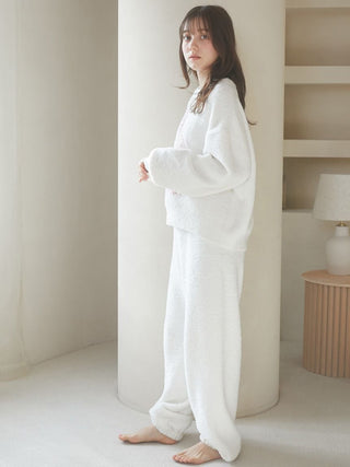 Model wearing Baby Moco Cat Long Lounge Pants and matching top, showcasing cozy and plush loungewear by Gelato Pique USA.