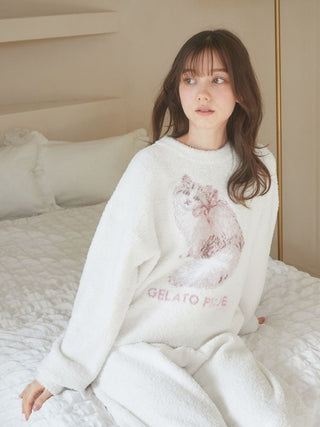 Woman wearing a soft Baby Moco CAT JQD Pullover Sweater with Siberian cat design, featuring fluffy texture and relaxed sleeves.