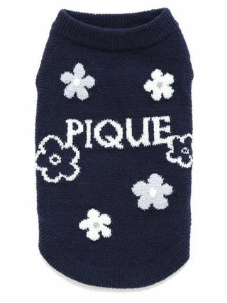 CAT&DOG Flower Logo Jacquard Pullover for pets, navy blue with floral design and text 'PIQUE'. Perfect for stylish pet fashion.
