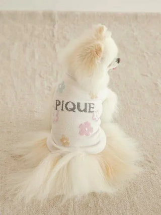 Small dog wearing a CAT&DOG Flower Logo Jacquard Pullover with 'PIQUE' text, showcasing pastel floral patterns on a cream background.