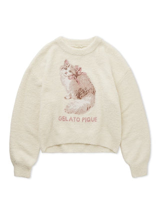 Baby Moco CAT JQD Pullover Sweater with a fluffy texture, featuring a Siberian cat jacquard design with a ribbon on a cream background.
