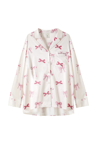 Ribbon Shirt featuring all-over pink ribbon print with notched collar and chest pocket embroidery, part of a stylish Ribbon Shirt & Long Pants Set.