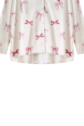 Silky ribbon print shirt in pink with notched collar and button closure, part of the Ribbon Shirt & Long Pants Set.