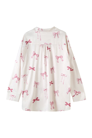 Back view of Ribbon Shirt with pink bow print from Ribbon Shirt & Long Pants Set, showcasing relaxed fit and elegant design.