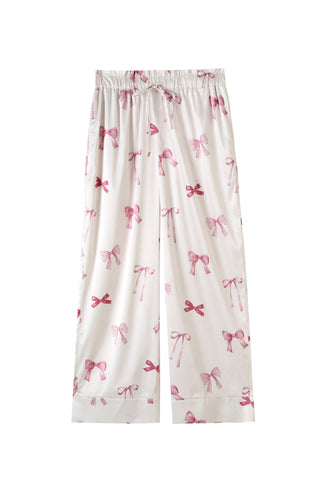 White long pants with pink ribbon print, part of the Ribbon Shirt & Long Pants Set.