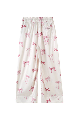 Elegant pink ribbon print long pants set in soft fabric, featuring a relaxed fit and subtle "Gelato" embroidery for stylish comfort.