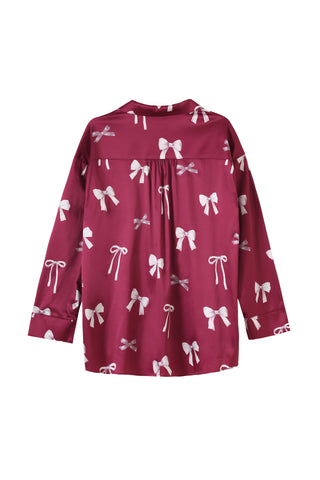 Pink ribbon print shirt with relaxed fit and notched collar from the Ribbon Shirt & Long Pants Set, featuring "Gelato" embroidery.