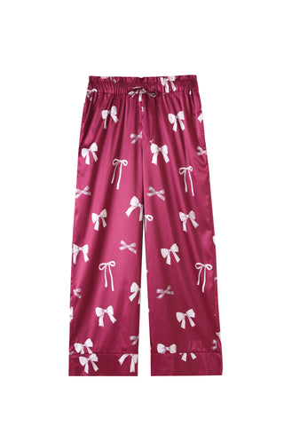 Pink ribbon-patterned long pants with silky finish from the Ribbon Shirt & Long Pants Set, featuring a comfortable elastic waistband.