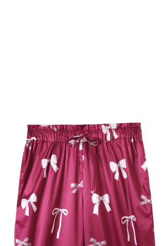 Pink ribbon-print silky long pants with drawstring waist