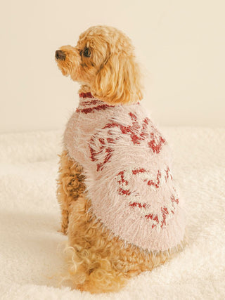 Dog wearing a festive feather pullover with heart-patterned candy cane design from the Holiday Sending Warm Wishes collection.