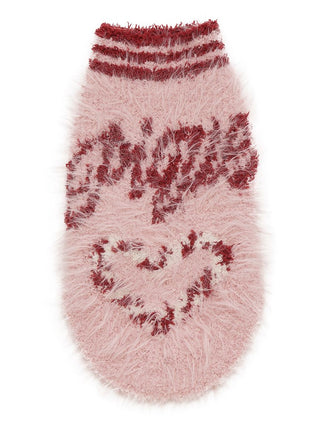 Pink and red feathery pullover for pets with candy cane heart design, part of the Sending Warm Wishes holiday collection.