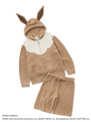 Men's Baby Moco Eevee Hoodie and Shorts Set from Pokémon Sleep, featuring cute Eevee ears, in soft brown fleece. Perfect for cozy wear.