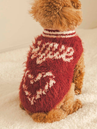 Dog wearing red CAT&DOG Feather Pullover with holiday pattern, featuring a rope-style logo and heart-shaped candy cane design.