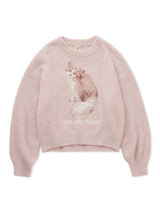 Alt Tag: Baby Moco CAT JQD Pullover Sweater with adorable Siberian cat design, soft pink fluffy material, trendy short length with voluminous sleeves.