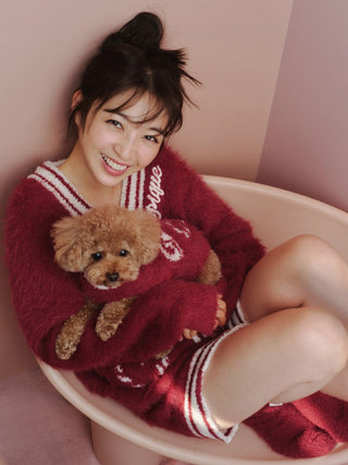 Smiling person holding a brown dog wearing matching red feather pullover with winter design, seated in a cozy setting.