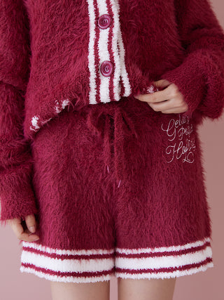 Feather Lounge Shorts in burgundy with white accents, featuring festive embroidery and a comfy elastic waistband, perfect for holiday lounging.