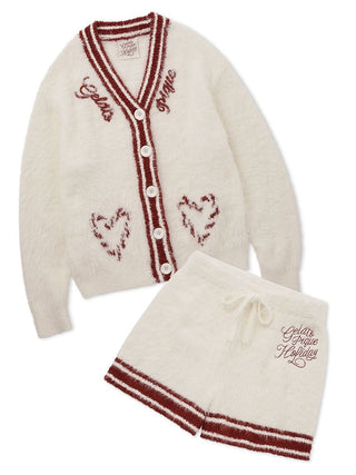 Feather Cardigan and Shorts Loungewear Set featuring varsity-style design with heart patterns and drawstring shorts, Gelato Pique USA.