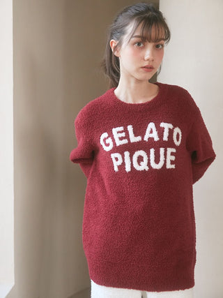 Model wearing Chocolate & Framboise Gelato Pique Baby Moco Pullover Sweater, showcasing its softness and relaxed fit.