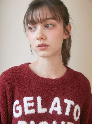 Woman wearing Chocolate & Framboise Baby Moco Pullover Sweater by Gelato Pique USA, showing a cozy and trendy design.