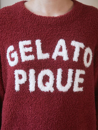 Close-up of a Chocolate & Framboise Baby Moco Pullover Sweater with 'GELATO PIQUE' logo in white, showcasing ultra-soft fabric texture.