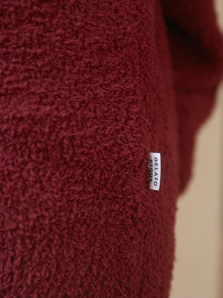 Close-up of the Chocolate & Framboise Baby Moco Pullover Sweater showcasing the fluffy Baby Moco fabric and Gelato Pique logo.