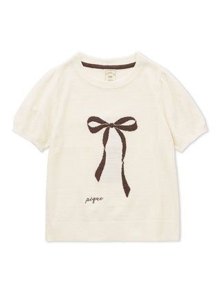 Gelato Pique USA Ribbon Jacquard Pullover Sweater with puff sleeves, featuring a large ribbon motif and cursive logo in premium loungewear style.