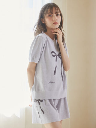 Gelato Pique USA Ribbon Jacquard Pullover Sweater with puff sleeves, premium loungewear featuring ribbon motif, short sleeves, off-white.