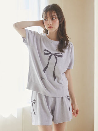 Premium loungewear featuring a ribbon jacquard pullover with puff sleeves by Gelato Pique USA, in off-white color.