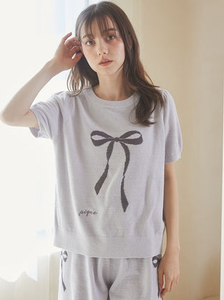 Gelato Pique USA Ribbon Jacquard Pullover Sweater with puff sleeves and ribbon motif, premium loungewear in off-white.