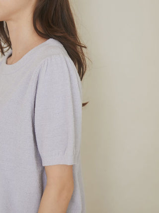 Ribbon Jacquard Pullover Sweater with Puff Sleeves by Gelato Pique USA, Premium Loungewear in Blue, Side View.