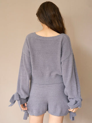 Woman wearing gray Ribbon Lounge Shorts with ribbon accents from Gelato Pique, showcasing playful and cozy design.
