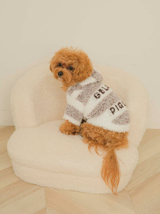 Fluffy dog wearing a striped Gelato Melange 2 Border Hoodie sits on a cozy chair, showcasing luxury pet clothing style.