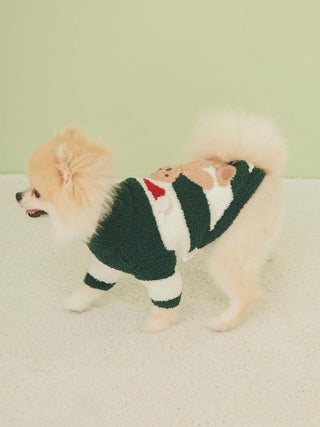 Small dog wearing a festive high neck pet sweater with bear and hat pattern, perfect for Christmas celebrations.