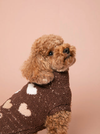 Poodle wearing a brown heart pattern pullover made from soft Baby Moco yarn, featuring a cozy and stylish design for pets.
