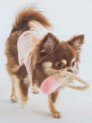 Small dog wearing CAT&DOG Ice Pattern COOL Pet Clothes with ice cream print, playing with a toy on white background.
