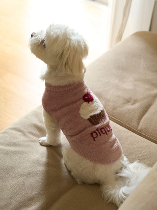 Small dog wearing a pink CAT&DOG Cupcake sleeveless pet sweater with cupcake design, sitting on a sofa.