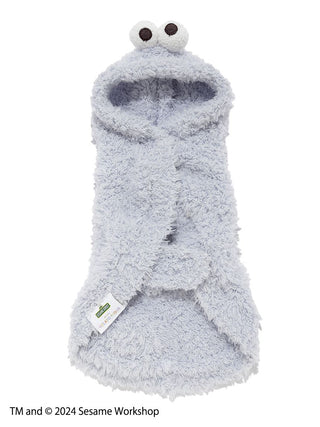 Cookie Monster cape for cats and dogs from Sesame Street, featuring soft blue material and character eyes on the hood.