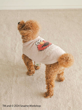 Brown dog wearing an Elmo Jacquard Pullover from Sesame Street collection, showcasing a playful design on a beige textured fabric.