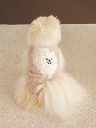 Fluffy Pomeranian in CAT&DOG Baby Moco pet clothes, featuring a cute design, sitting on a beige carpet.