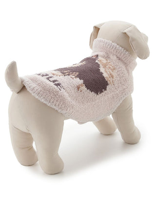 Pomeranian-inspired baby moco pet clothes on a plush dog mannequin, CAT&DOG product, soft fleece material, back view, beige and brown colors.
