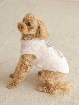 Toy Poodle wearing a stylish white sweater from CAT&DOG pet clothes collection, sitting on a light-colored background.