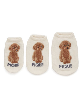 Three white pet clothes featuring a Toy Poodle design with 'PIQUE' text for cats and dogs.