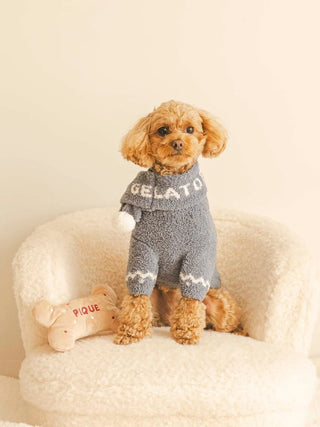 Small dog wearing cozy Nordic pet clothes sitting on cream chair with plush bone toy beside it.