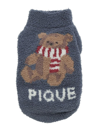 Blue Nordic pet sweater with teddy bear design and "PIQUE" text, perfect for cats and dogs.