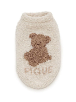 Fluffy beige baby sock with cute brown teddy bear design and 'PIQUE' text for cozy infant wear.