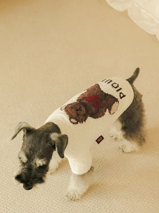 Small dog wearing CAT&DOG Heart Bear Jacquard Pet Clothes with a teddy bear design.