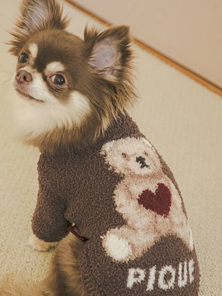 Small dog wearing Heart Bear Jacquard pet clothes with a cute teddy bear design, perfect for cats and dogs, cozy and stylish pet outfit.