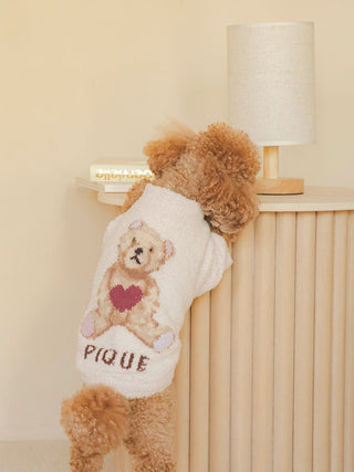 Dog wearing CAT&DOG Heart Bear Jacquard Pet Clothes with a bear design, standing beside a table with a lamp.