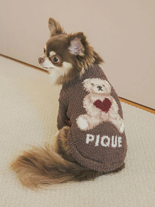 Small dog wearing CAT&DOG Heart Bear Jacquard Pet Clothes with teddy bear design on back, enhancing cute pet style