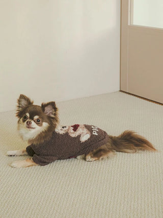 Small dog wearing CAT&DOG Heart Bear Jacquard Pet Clothes on a light carpet, showcasing cozy pet fashion.